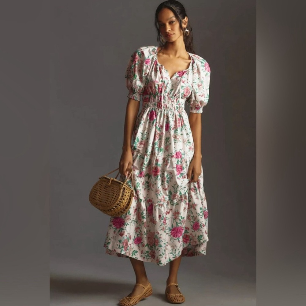🍁🍂 Anthropologie Somerset Maxi Dress Puff-Sleeve Edition Sz XXS.